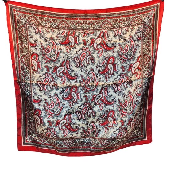Red Black Paisley Silk Scarf Western Wild Rage Boho Chic Square Lightweight Retr - Picture 1 of 9